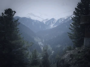 View from the chalet porch looking out over a misty valley.