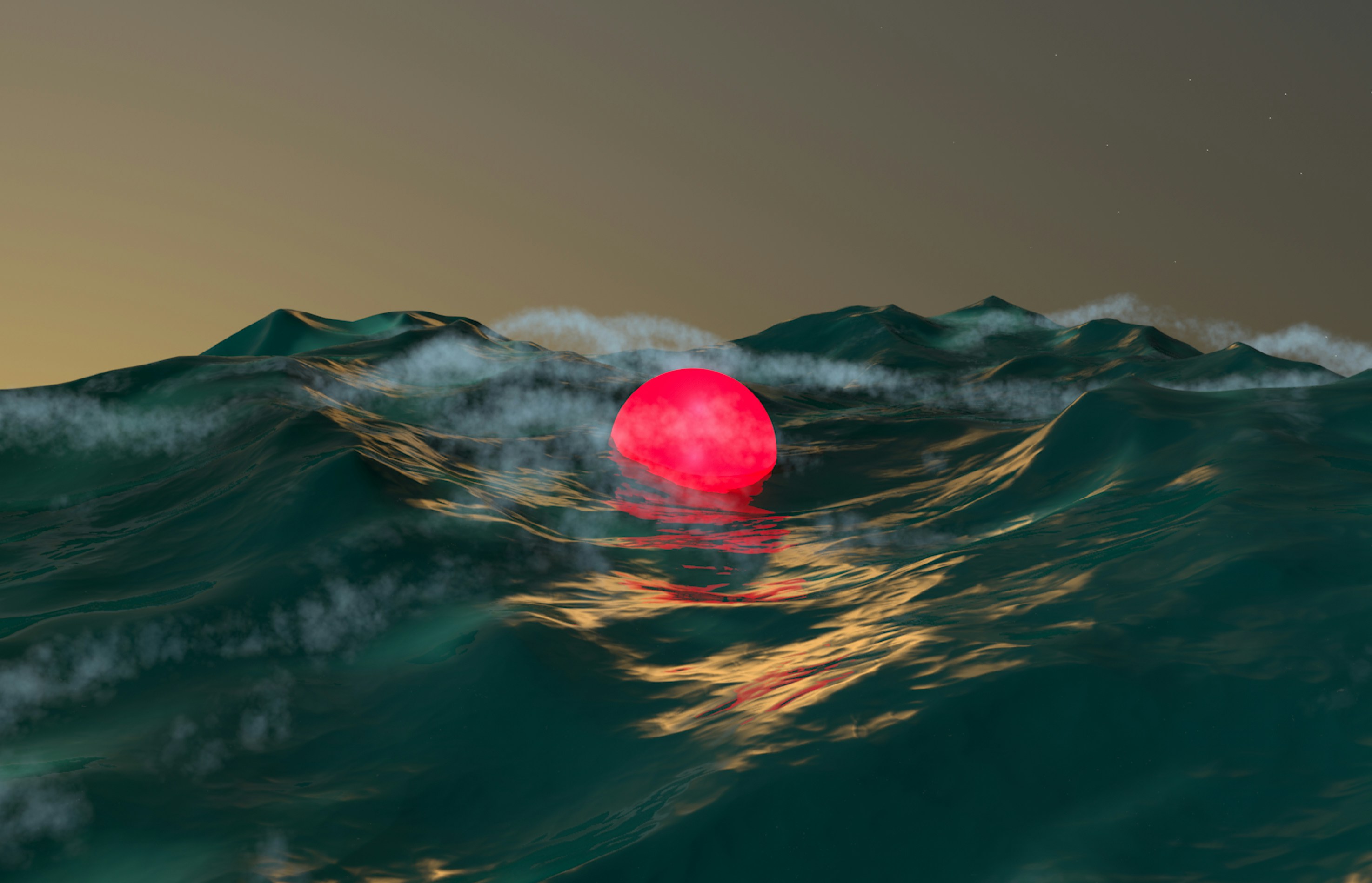 a red ball floating on top of a wave in the ocean