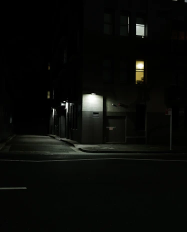 A shadowy urban street at night, emphasizing vigilance and caution.