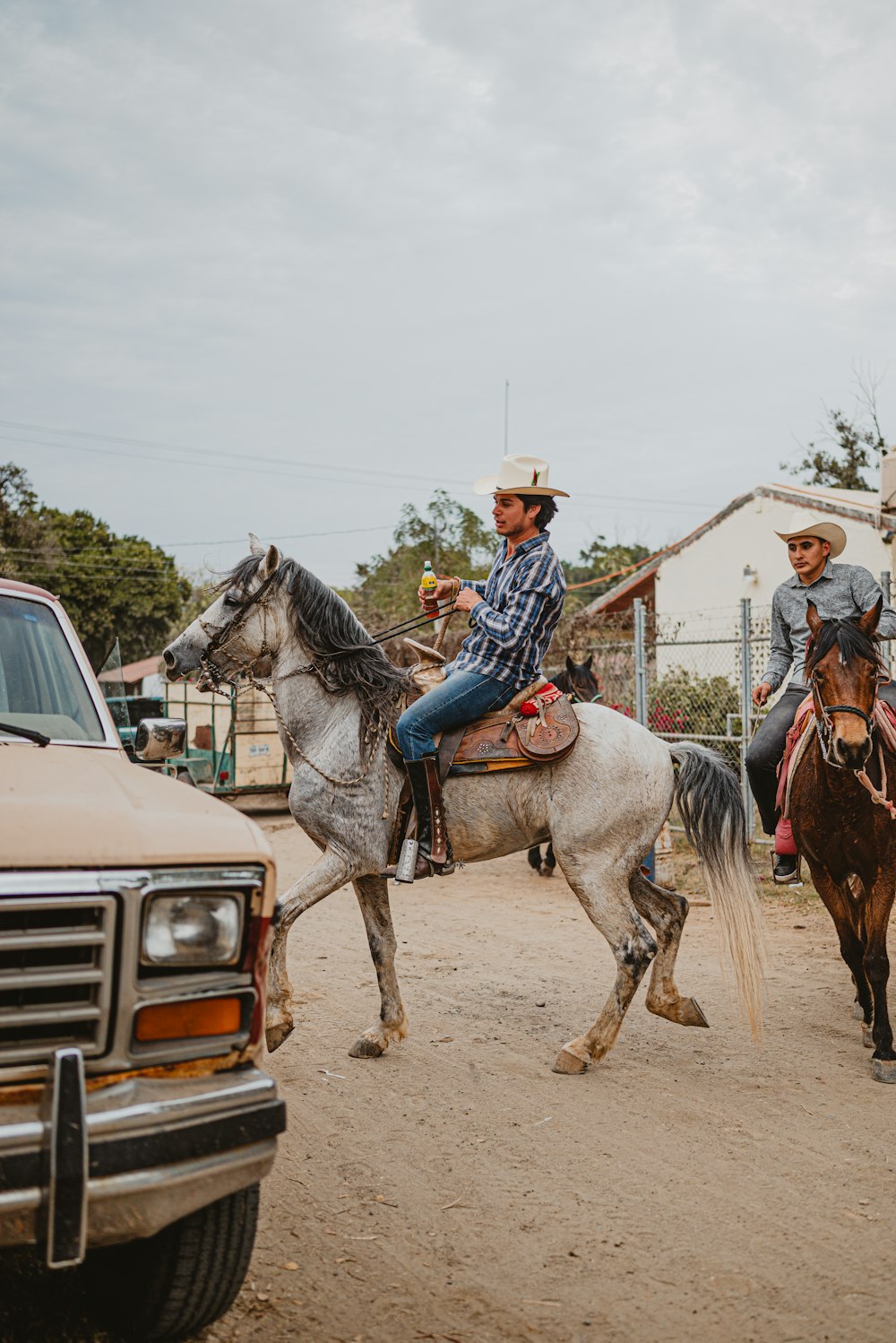 a couple of men riding on the backs of horses