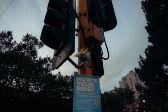 A traffic light mounted on a tall pole is visible, with a poster attached to it. The poster reads 'HOW'S YOUR RIDE?' and suggests making transport better through an election. The background features trees and a partially cloudy sky with a building visible at the right edge.