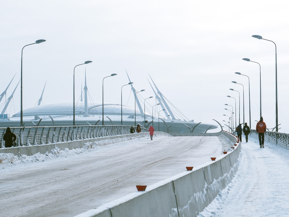 a group of people walking across a snow covered bridge