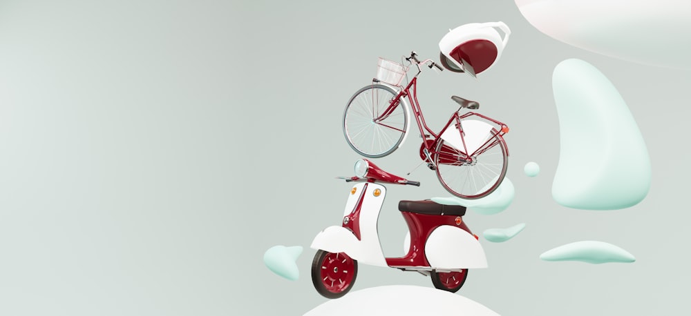 a red and white scooter with a bicycle attached to it