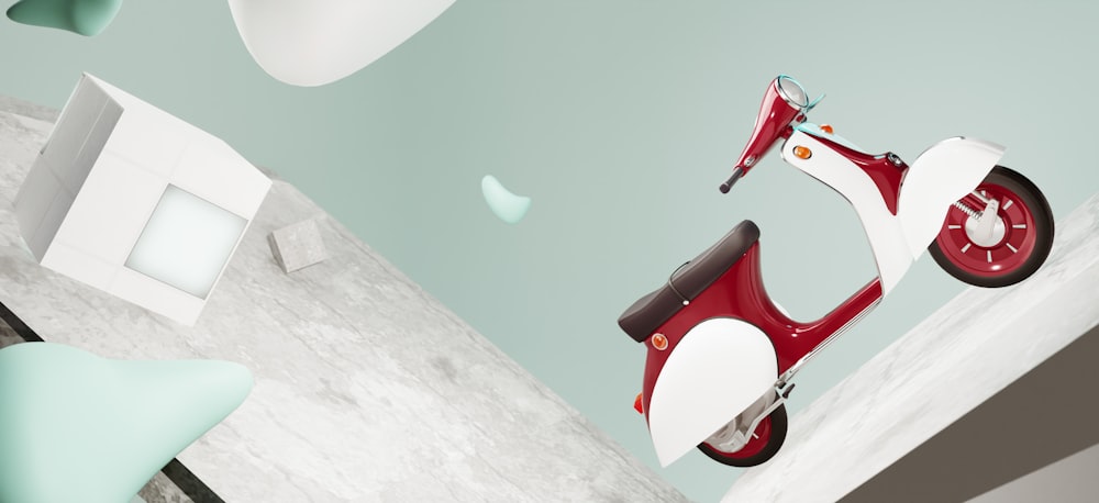 a red and white scooter sitting in a room