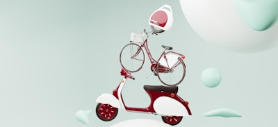 A whimsical arrangement featuring a red and white scooter with a vintage look at the bottom, a classic red bicycle with a front basket stacked on top, and a futuristic white and red helmet-like pod on top of the bicycle. They appear to be floating against a soft pastel green background with abstract rounded shapes and spheres creating an imaginative scene.