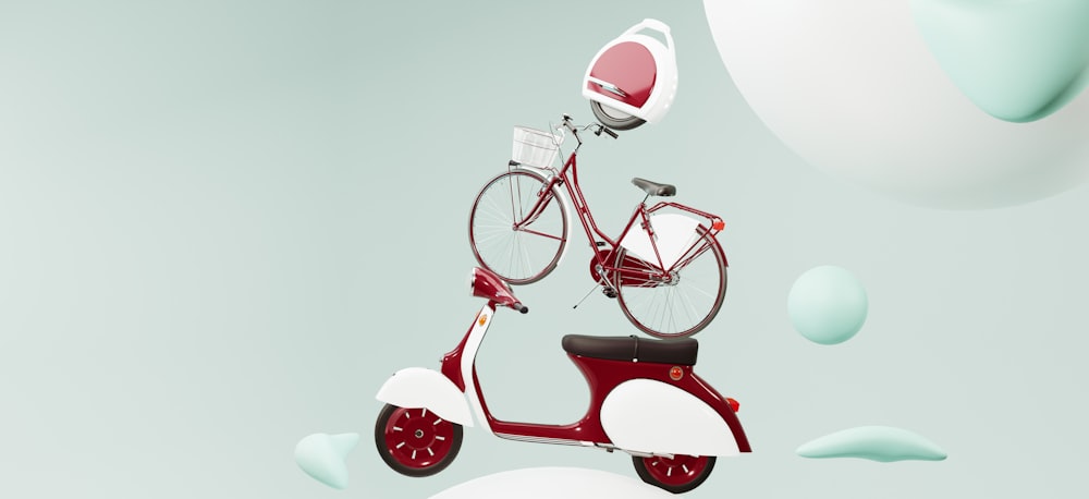 a red scooter with a bicycle attached to it