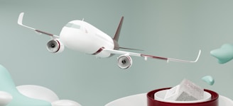 A commercial airplane with white and red accents is shown flying against a backdrop of stylized, abstract cloud-like shapes. It appears to be in mid-flight with one of its engines visible. There is a red and white circular object in the foreground containing geometric blocks.