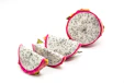 a cut in half dragon fruit on a white background