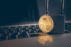 A golden Bitcoin coin is secured with a strong black padlock placed on top of a laptop keyboard with Russian layout. The image symbolizes security and protection in the context of digital currency.