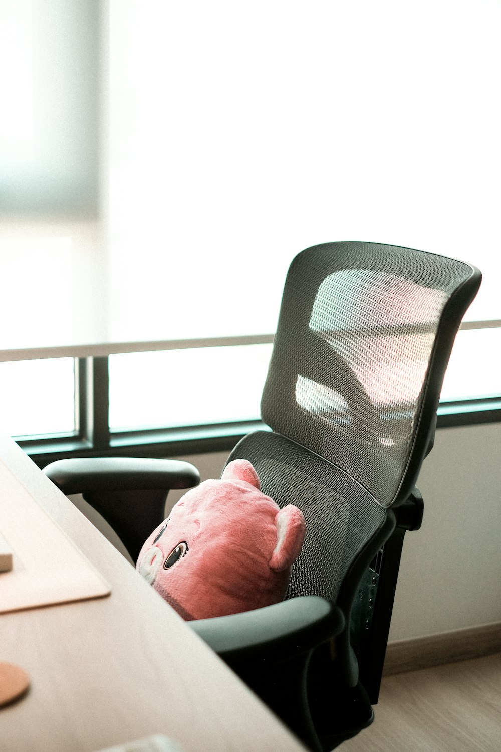 a pink teddy bear sitting in an office chair