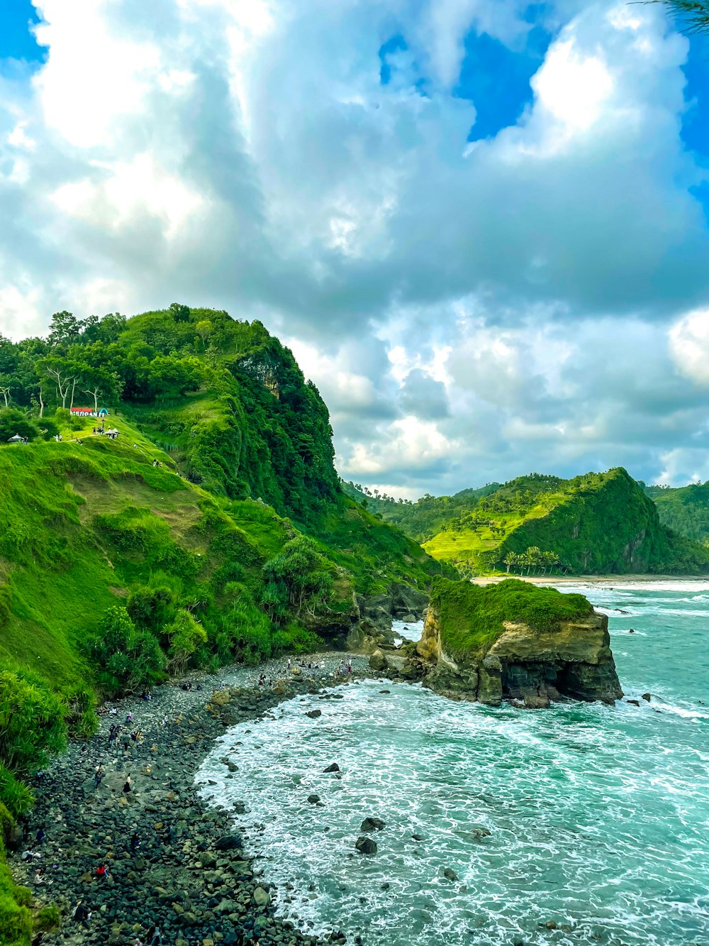 a lush green hillside next to a body of water