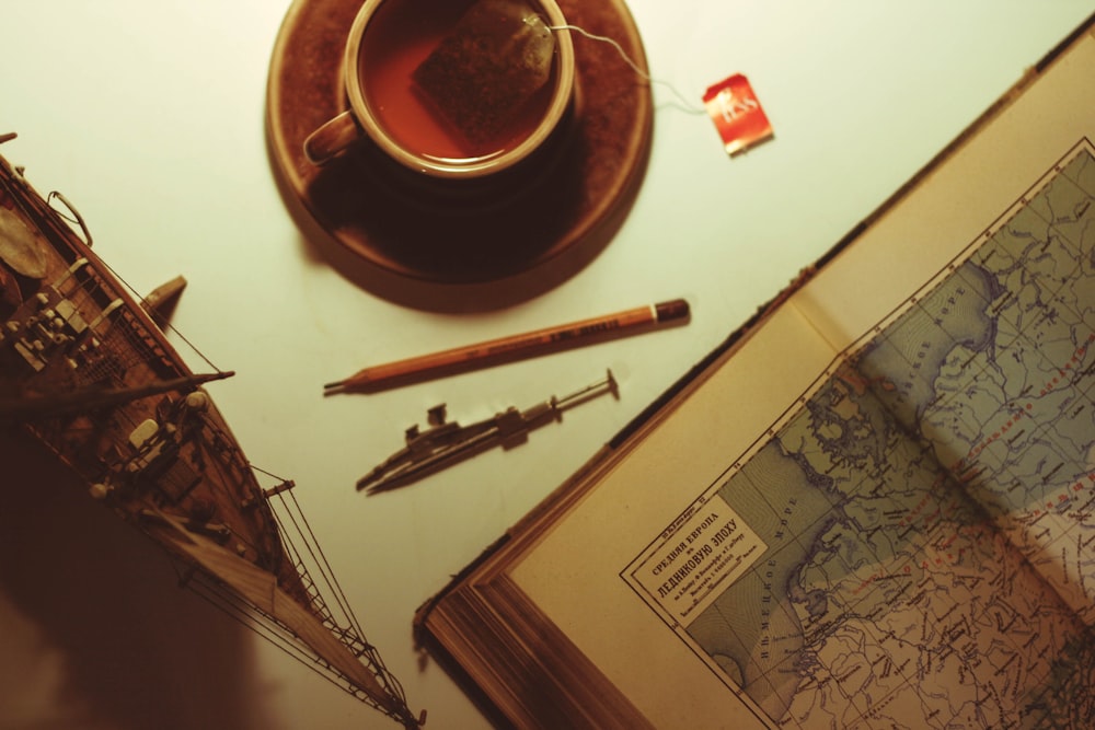 a cup of tea and a map on a table