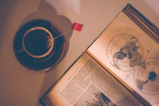 A warm, inviting photo of a person thoughtfully studying astrological charts with a cup of tea nearby.