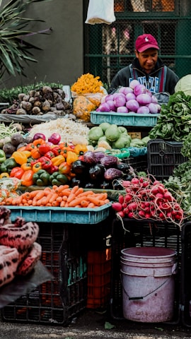 A vibrant market stall displaying an array of fresh vegetables including carrots, red radishes, various peppers, eggplants, and cabbages. A person wearing a red cap and a jacket stands behind the colorful display. Piles of purple onions, root vegetables, and neatly arranged produce are visible. The stall is set against a dark green background, with some leafy plants visible on the side.