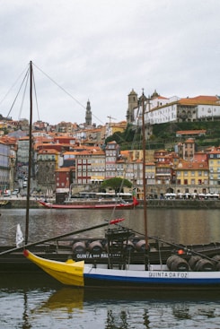 a blue and white boat sitting on top of a body of water