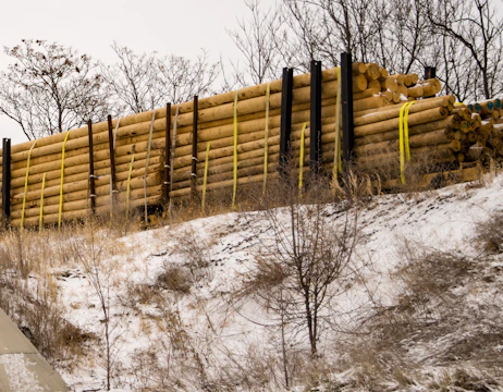 A large stack of logs is secured with yellow straps and supported by black metal stands. The logs are placed on a snowy, grassy embankment with bare trees in the background, suggesting a wintry setting.