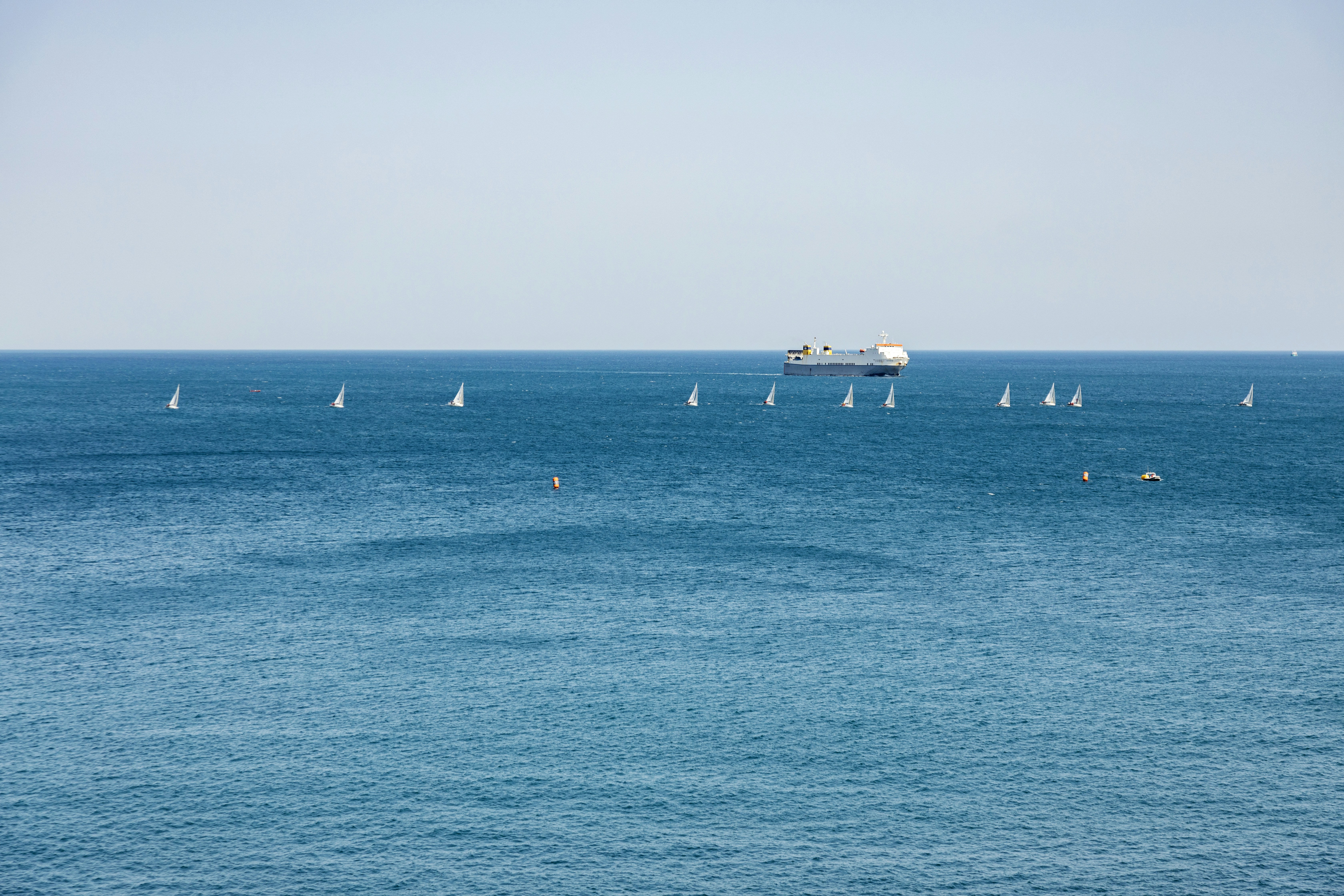 a group of sailboats in the ocean with a cruise ship in the background