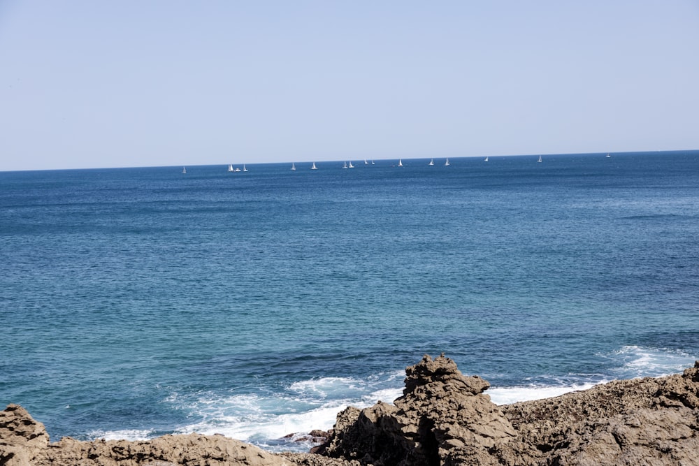 a large body of water sitting next to a rocky shore