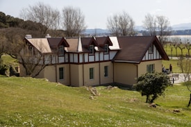 A charming house with a gabled roof sits amidst a lush, vibrant landscape. The structure exhibits a blend of beige and brown tones, surrounded by sprawling green lawns and barren trees. In the distance, a serene body of water is visible, along with faint outlines of more trees. People are seen strolling along a path, adding a sense of life to the tranquil environment.