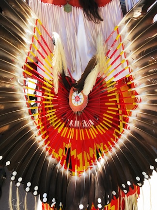 Elaborate feathered headdress with a symmetrical design featuring dark brown feathers edged with white spots. Bright red, yellow, and orange patterns form a circular design at the center, with additional fringe details in the background.