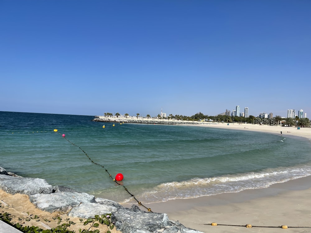 a view of a beach with a red ball in the water