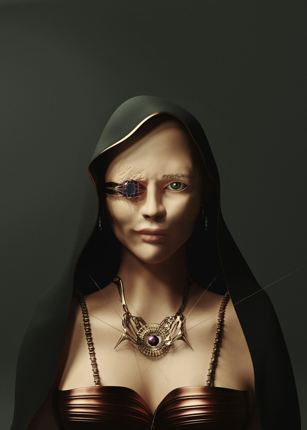 a woman with a hood and a necklace on