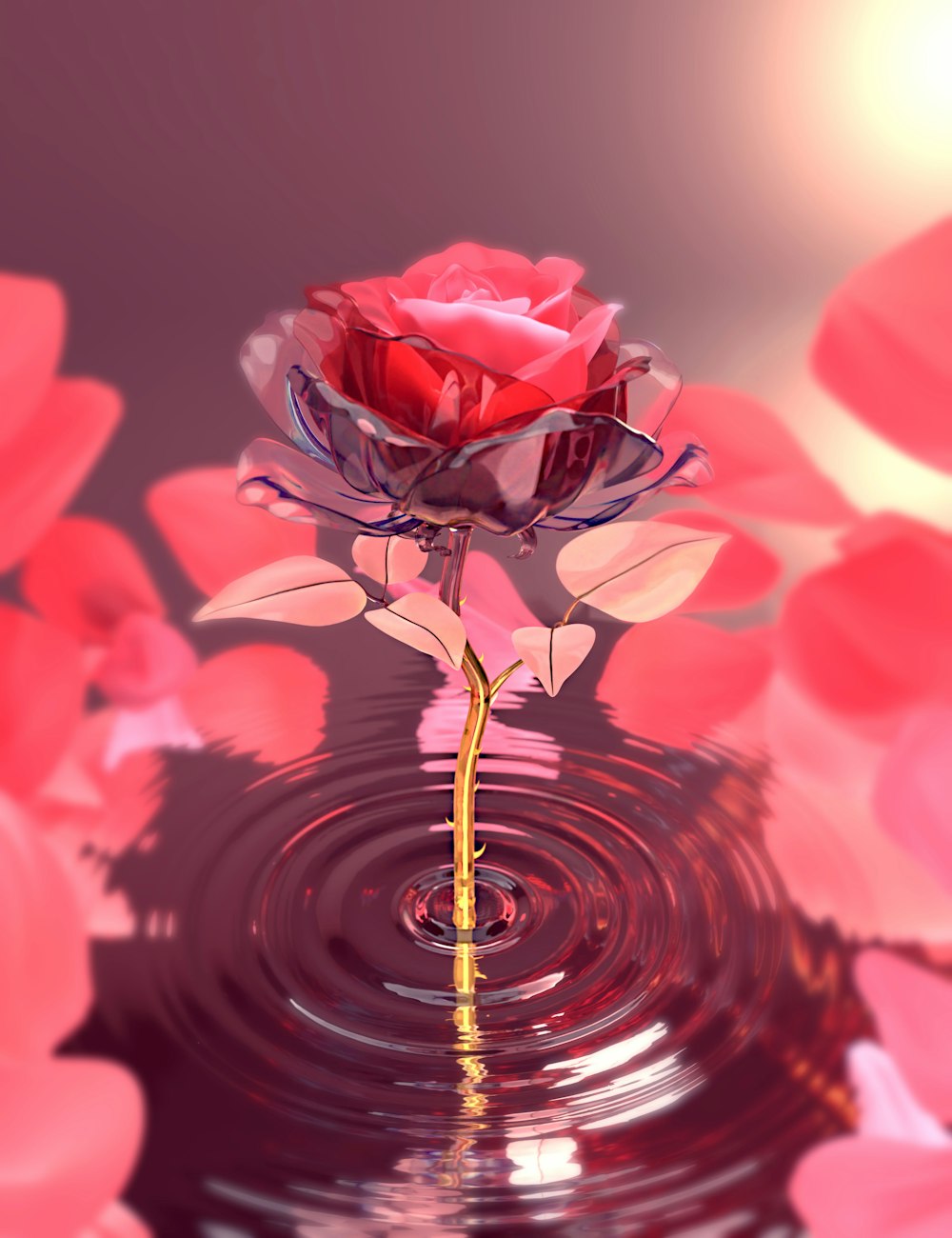 uma rosa vermelha flutuando em cima de um corpo de água