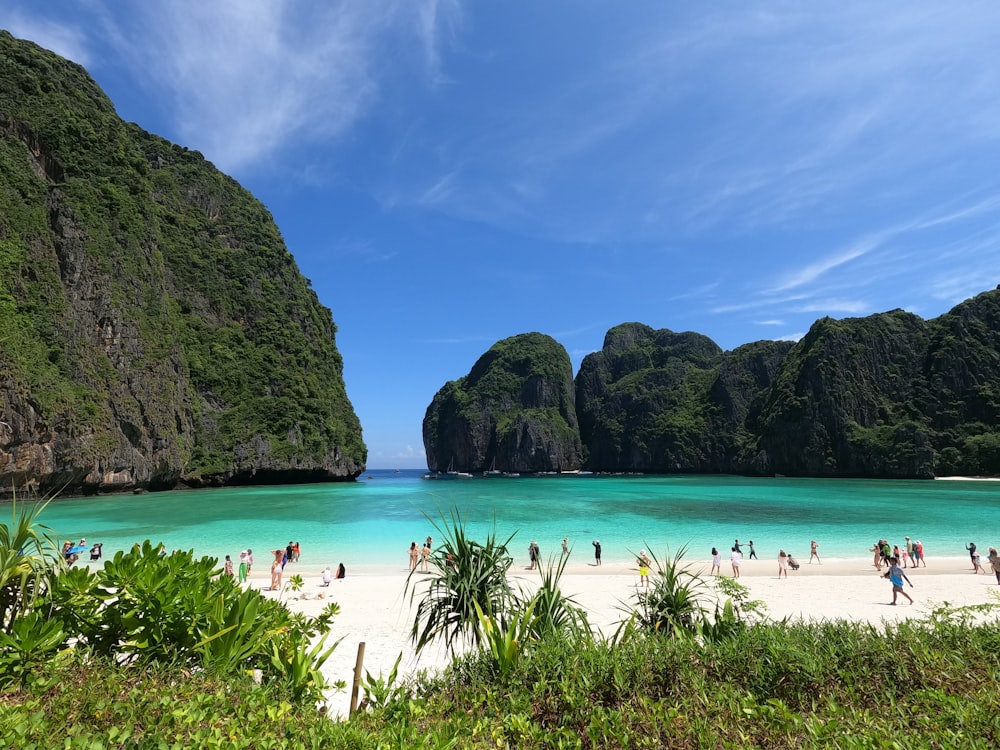 a group of people standing on top of a sandy beach