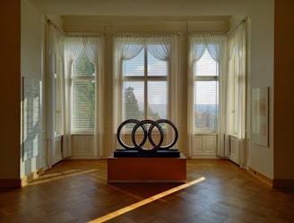 A spacious room divided by a sleek, multi-colored privacy screen.