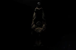 Silhouetted muscular figure lifting weights against a neutral, shadowed background.