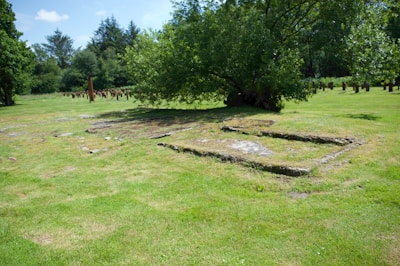 A close-up shot of a marked plot boundary with a countryside backdrop.