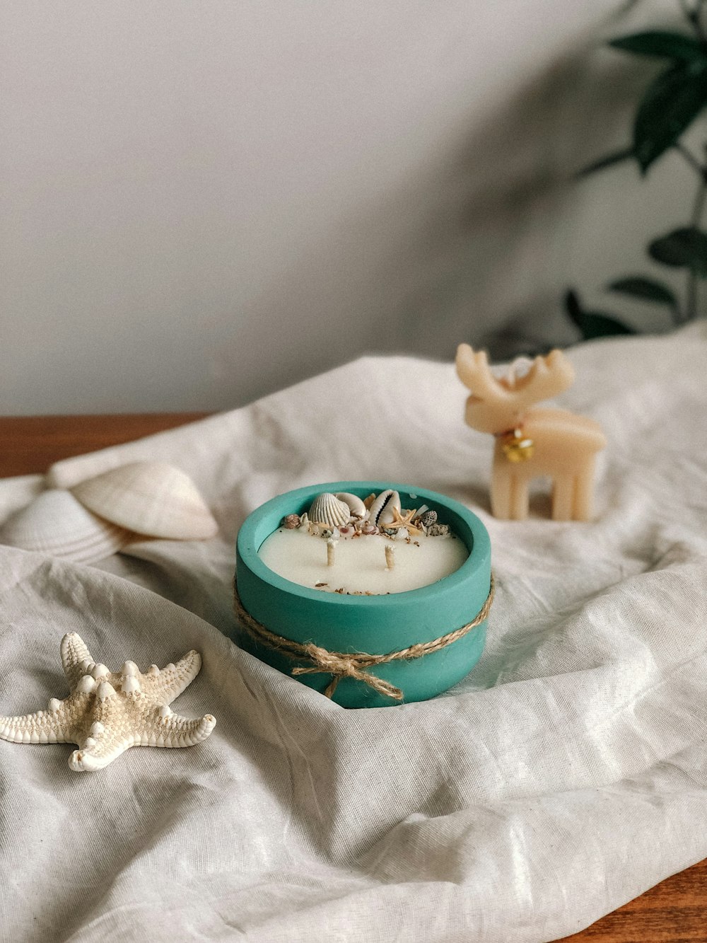a bowl of sea shells sits on a table next to a candle