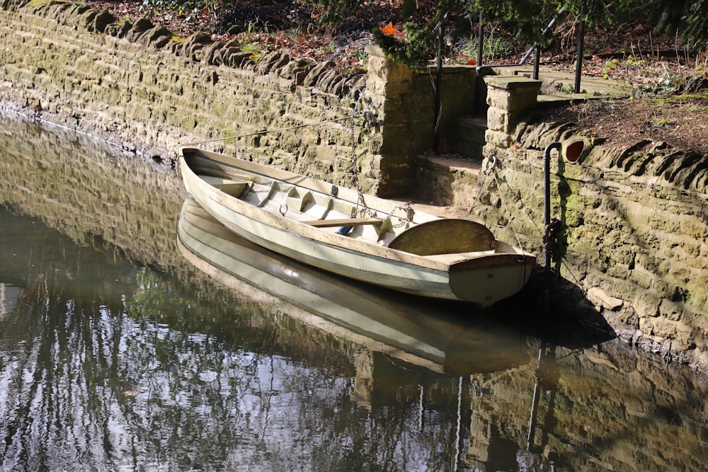 a small boat sitting on the side of a river