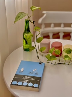 A serene setting with a tumbler beside a book and a plant.