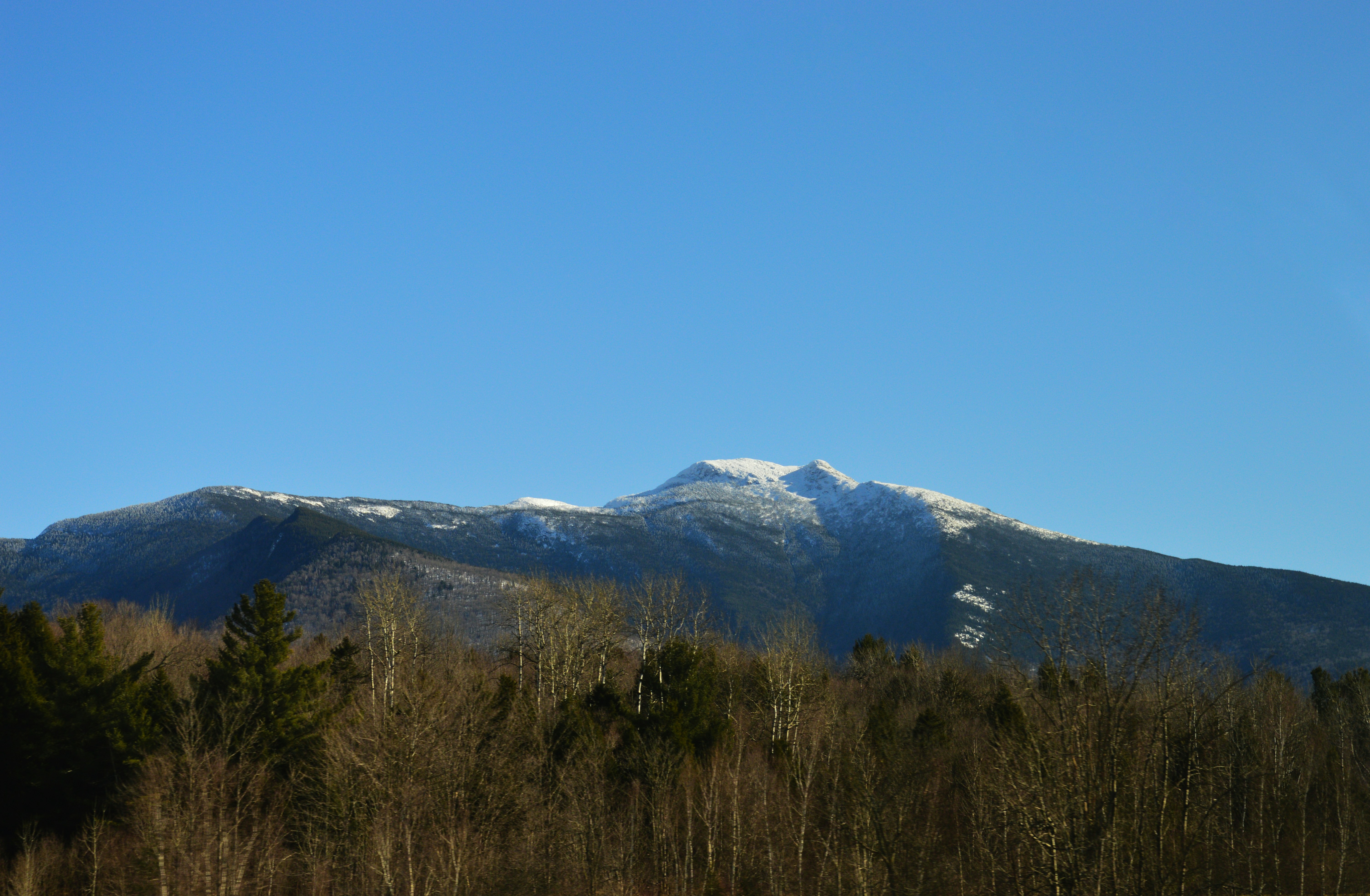 a snowy mountain range with trees in the foreground, 