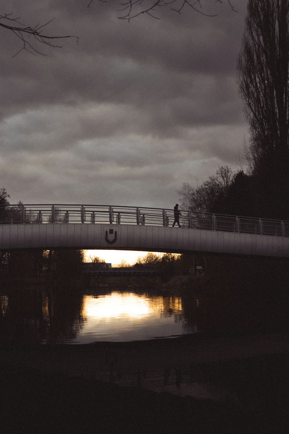 a couple of people walking across a bridge over a river
