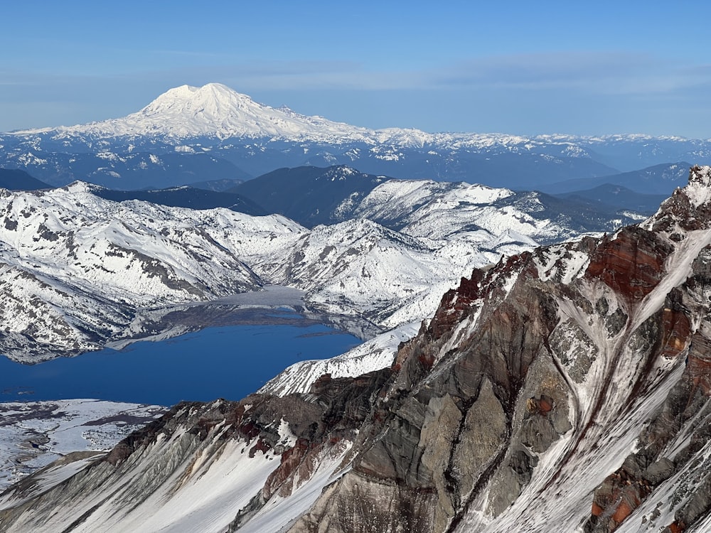 Une montagne enneigée avec un lac au milieu