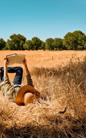 A sunlit park scene with a person wearing a beige beret, smiling while reading a book.