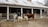 A rural scene with a barn featuring a white roof and red walls. In front is a group of animals including two sheep, a black-and-white cow, and a brown cow standing on bare ground. Metal feeding racks are present next to them, and the area appears to be part of a farm setting.