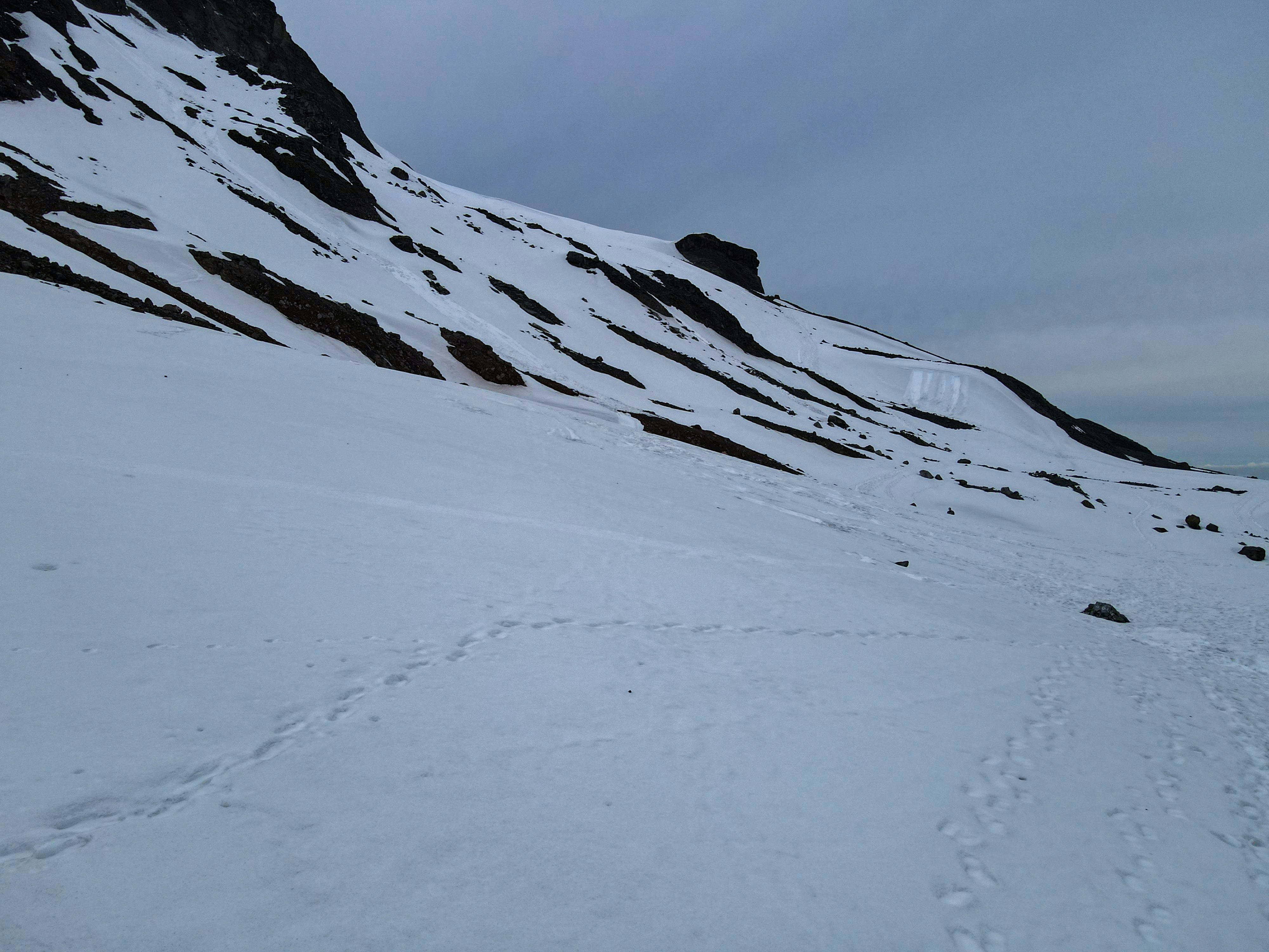 Una montaña cubierta de nieve con huellas en la nieve