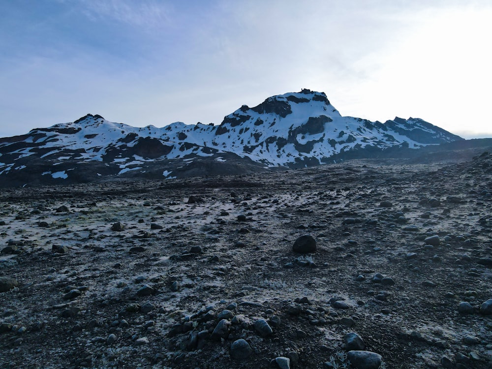 a snowy mountain range with rocks and grass