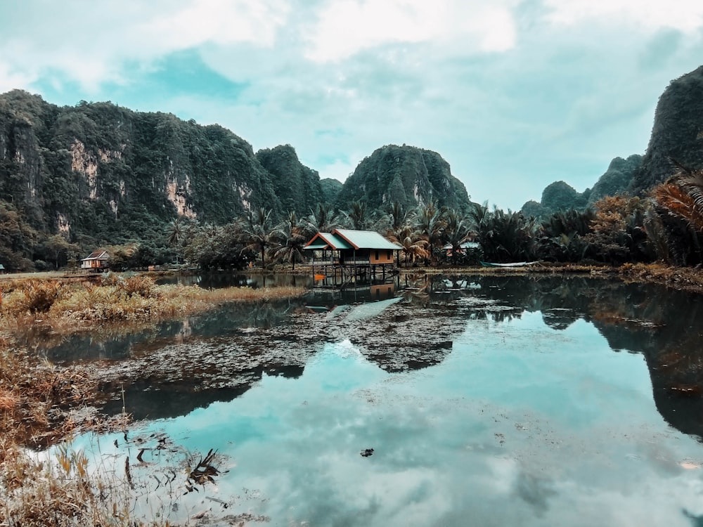 a body of water surrounded by mountains and trees