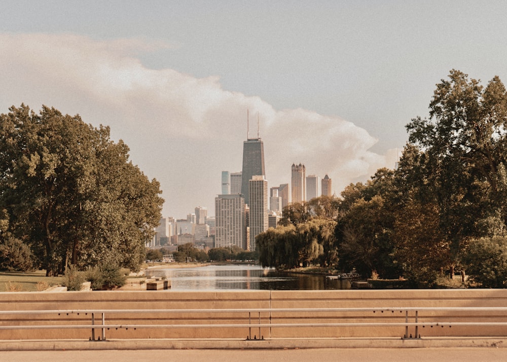 a park bench overlooking a body of water with a city in the background