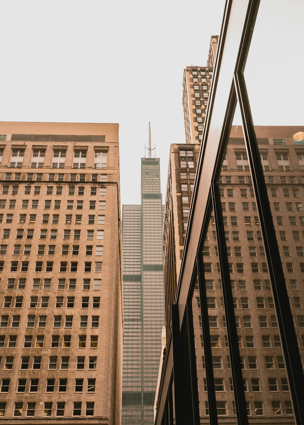 a view of a tall building from the ground