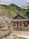 A traditional Asian building with a tiled roof is situated in a tranquil natural setting. In the foreground, dried vines wrap around a stone structure. The scene is framed by trees with green and brown leaves, and a hill rises in the background under a partly cloudy sky.