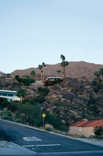 A scenic view of a residential area positioned on a rocky hillside. Several modern houses, including one with a distinctive angular design, are surrounded by desert vegetation and palm trees. The foreground shows a winding road with a stop sign painted on it.