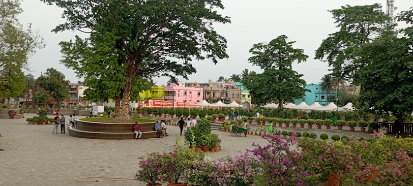 A vibrant city plaza redesigned with inclusive public seating and greenery.