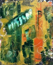 Abstract painting with dynamic brushstrokes in green, yellow, and orange tones. Circular shapes are sporadically placed, adding a sense of movement and depth. The textured surface reveals layers of blended colors, creating an intriguing visual effect.