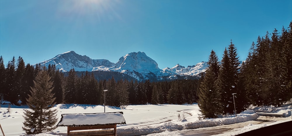 the sun is shining on a snowy mountain