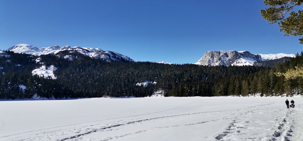 a couple of people walking across a snow covered field